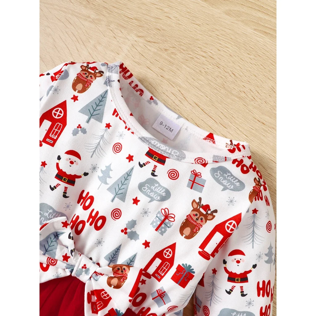 3-24 Months Toddler Baby Girl 2pcs Clothes Set Long Sleeve Christmas Print Dress with Headwear Fashion Holiday Style Daliy Wear