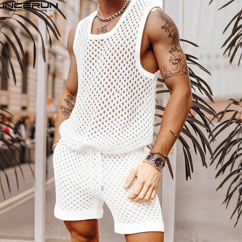 INCERUN Men Sets Solid Color Mesh Hollow Out See Through Tank Tops & Shorts 2PCS Summer Sexy Vacation Men Casual Suits 2025 5XL