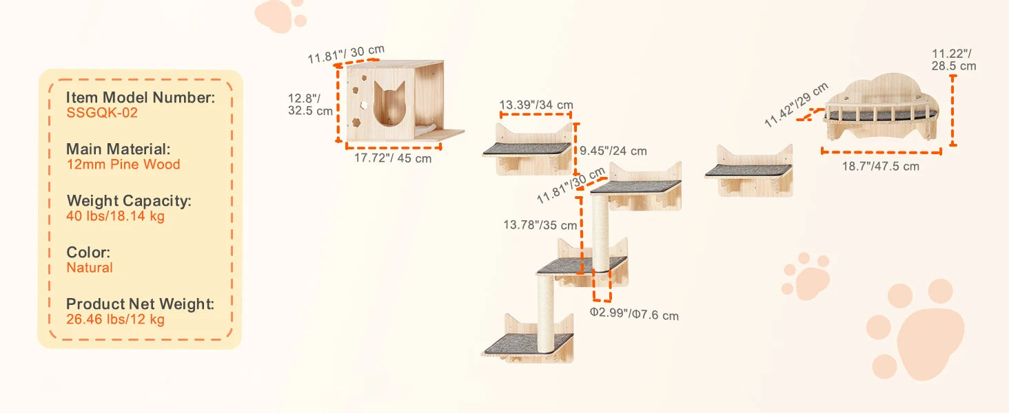 SucceBuy Wall Mounted Cat Shelves Cat Wall Shelves and Perches with Jumping Boards Hammocks & Cat Tree Cat Furniture and Shelves