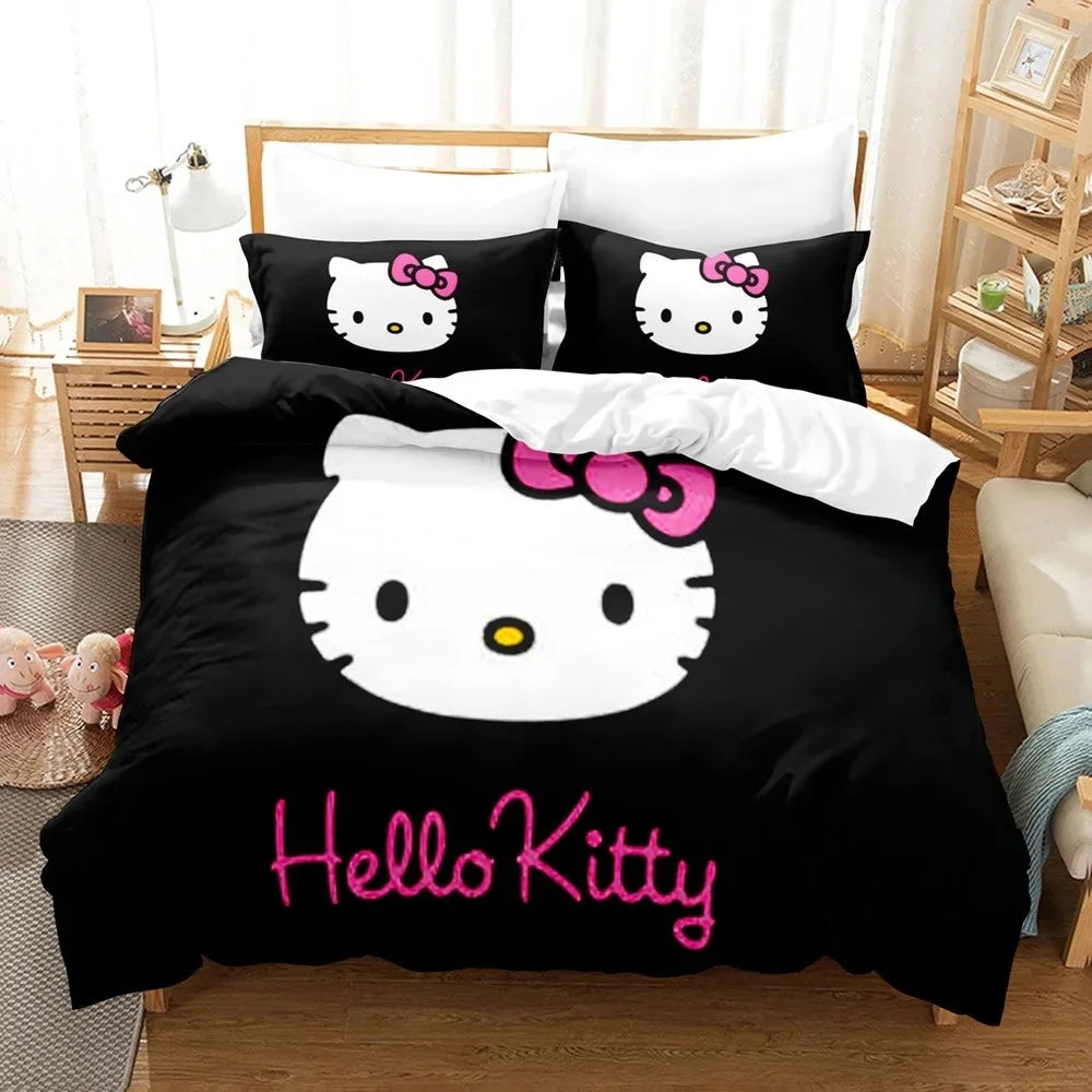 Sanrio Hello Kitty Cartoon Big Size Bedding Set Pink Cats Kawaii Duvet Cover For Girl Kids Single Decor Home Bedclothes Custom