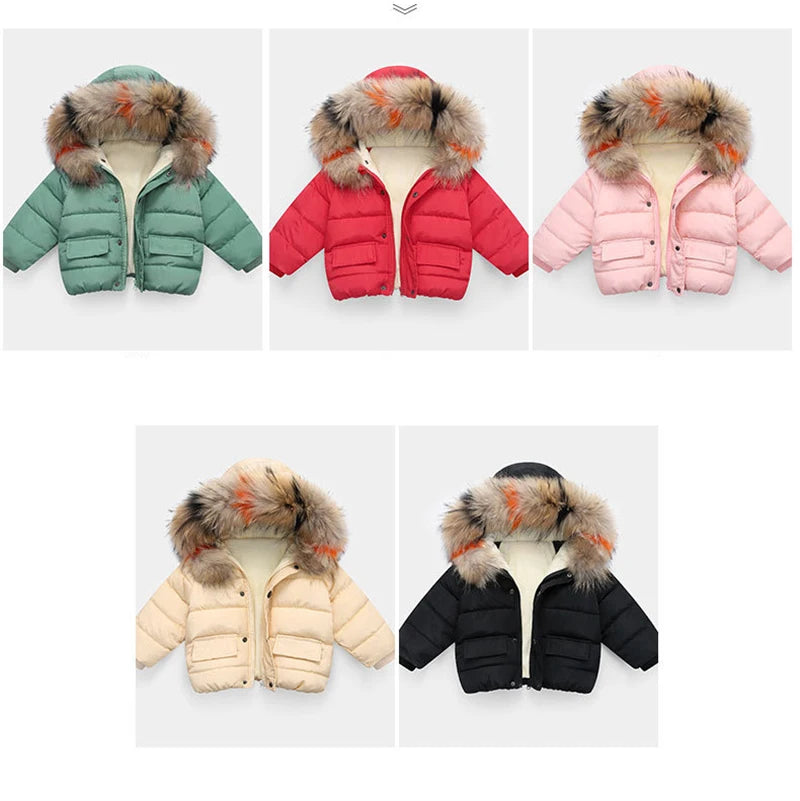 Baby Girl Boy Warm Outerwear 2023 Winter New Children Down Jacket Big Fur Collar Coat Kids Clothes Solid Thicken Girl Boy Jacket