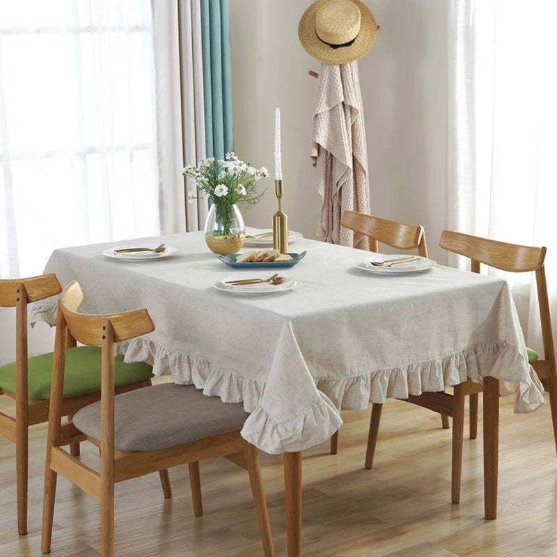Solid Color Ruffled Tablecloth Cotton Rectangular Square Table Cover Decoration for Kitchen Dinning