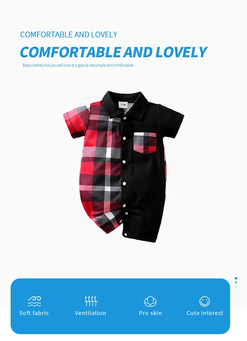 Newborn Clothes Patchwork Plaid Polo Shirt Comfortable And Soft For Boys And Girls Summer Short Sleeved Baby Jumpsuit