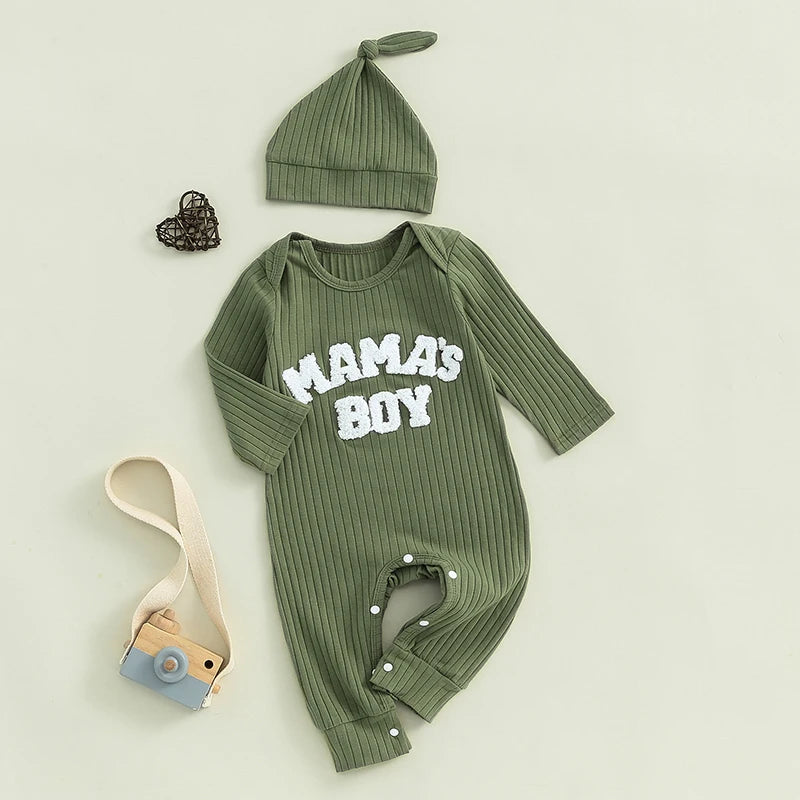 Pudcoco Infant Newborn Baby Boy Bodysuits Letter Embroidered Ribbed Long Sleeve Round Neck Fall Jumpsuits Hat Outfits 0-18M