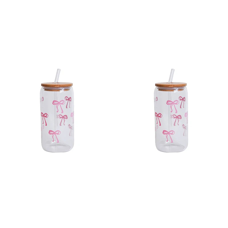 1/2/4/6Pcs Glass Bow Printed Glass Cup with Lid and Straw, Exquisite High-End Bow Glass Cup for Home Decoration, Family Daily Drinking Cup, Outdoor Picnic Cup, Party Cup, Breakfast Milk Cup, Gift Giving