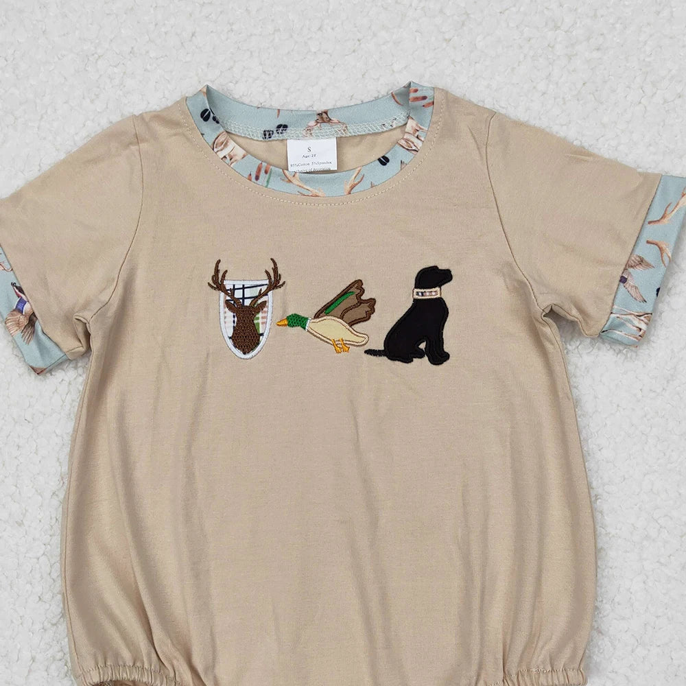 Wholesale Kids Children Short Sleeves Onesie Newborn Toddler Cotton Embroidery Baby Infant Boys Hunting Deer Duck Dog Rompers