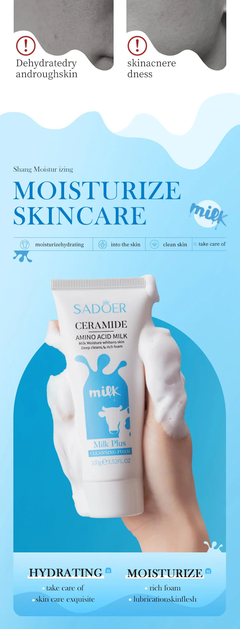 SADOER Milk Facial Cleanser Nourishing Moisturizing Skin Brightening Face Wash Foam Face Cleanser Facial Skin Care for Beauty