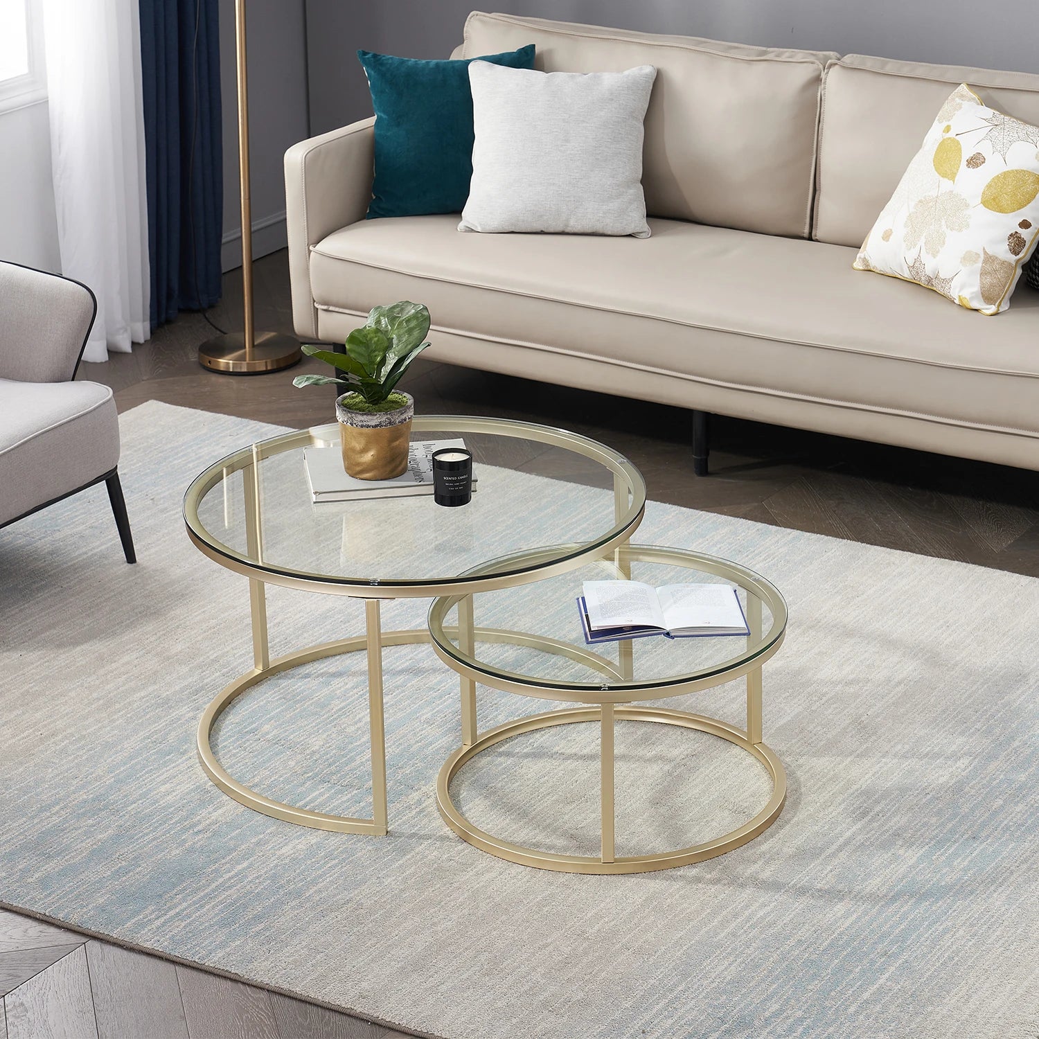 EGOONM 2 en 1 Table basse en fer mode petit appartement salon Table basse verre trempé rond canapé Table basse d'appoint