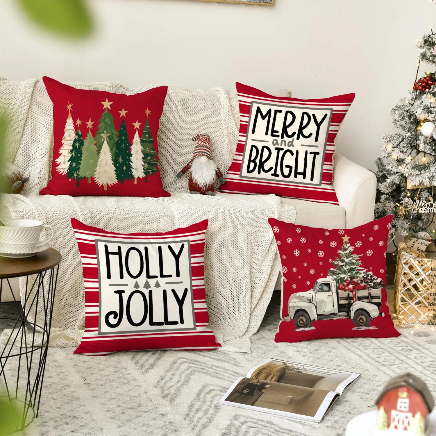 1pc/4pcs Christmas Pillow Cover, Black and Red Buffalo Plaid Celebration Christmas Tree Snowflake Decoration Sofa Cushion Cover