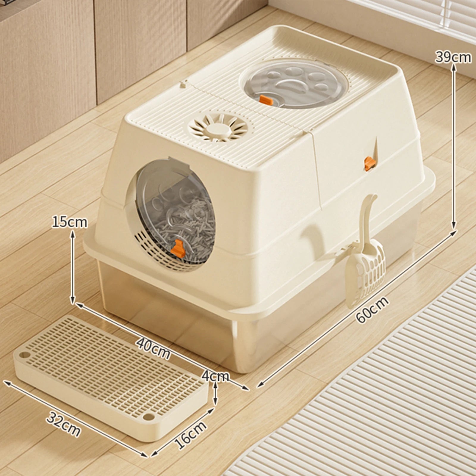 Stainless Steel Litter Box with Lid Anti-Leakage Non Stick Surface XXL Cat Litter Pan w/Scoop & Steps 60x40x39cm