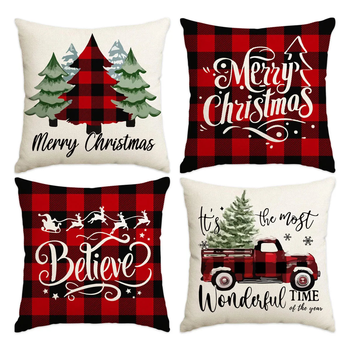 1pc/4pcs Christmas Pillow Cover, Black and Red Buffalo Plaid Celebration Christmas Tree Snowflake Decoration Sofa Cushion Cover