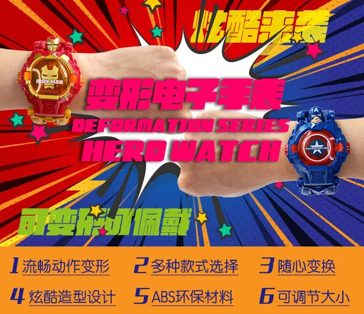 2026 Hot Marvel Iron Man Spiderman Cartoons Children's Watch Deformation Robot 3d LED Luminous Watch Children's Model Toy Watch