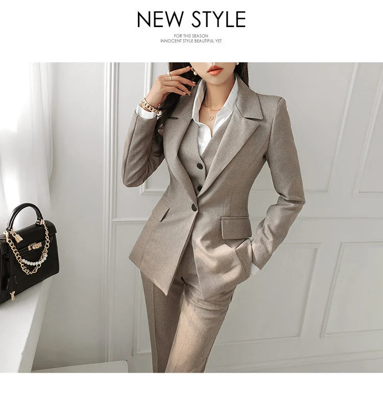 H Han Queen Korean Autumn Winter 3 Pieces Set Women Contrast Blazer + Vest And Simple Pants Casual Simple Office Lady Pants Suit