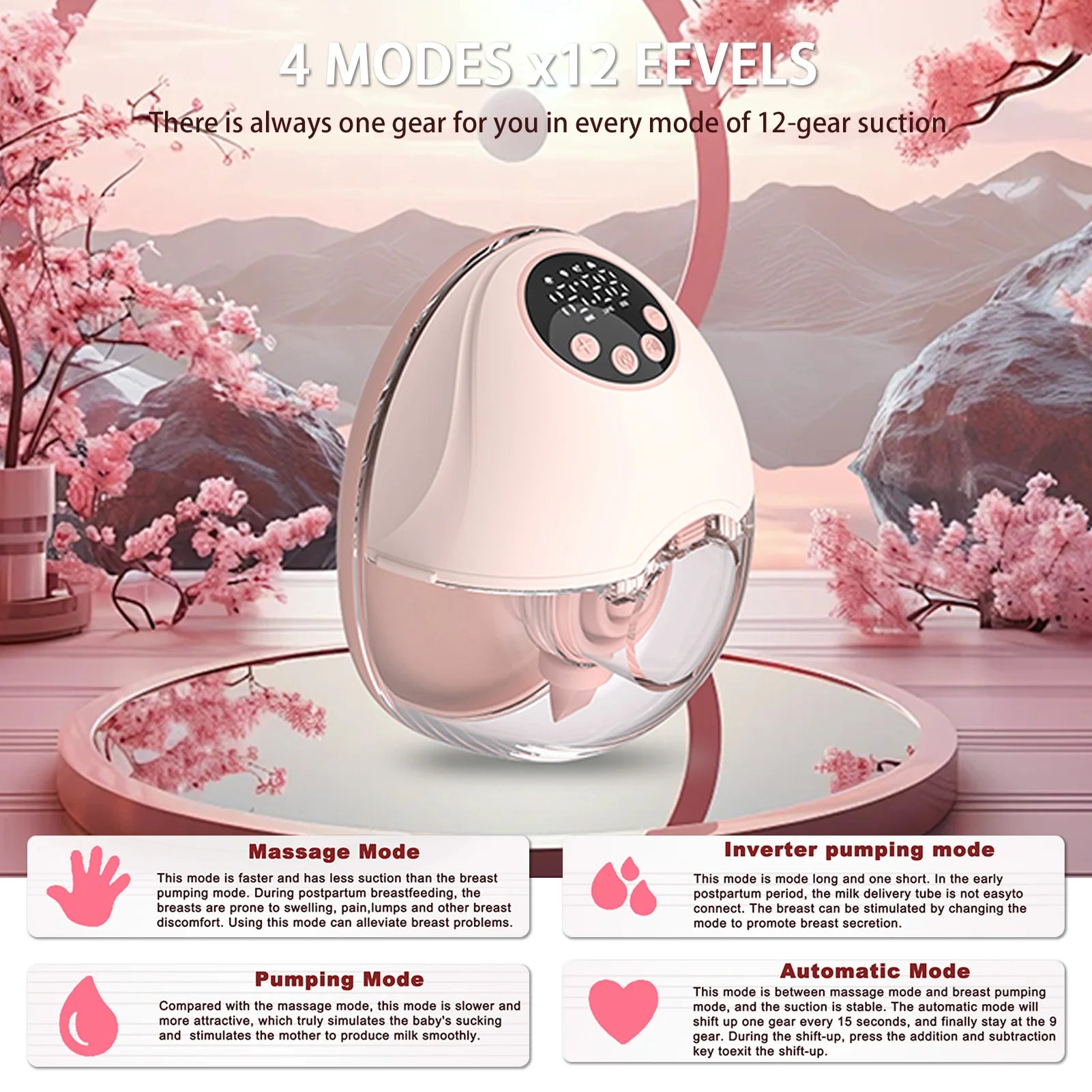 Hands Free Breast Pump 4 Modes 12Levels Auto Stop Wearable Breast Pump BPA-free Safe Double-Sealed Electric Cordless Breast Pump