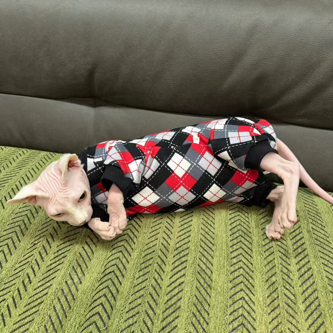4-Legged Striped Cotton Coat for Sphynx Cat Blue Long Sleeves Jumpsuit for Kittens Devon Rex Soft Brick Red Winter Undershirt
