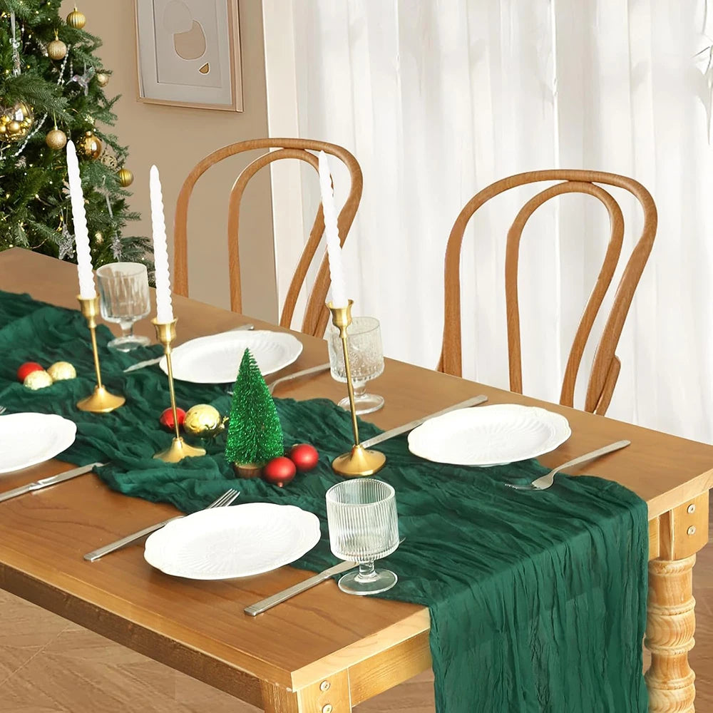 Christmas Green Red Burgundy Cheesecloth Table Runner Boho Rustic Gauze Terracotta Table Runner for Wedding Party Birthday Decor