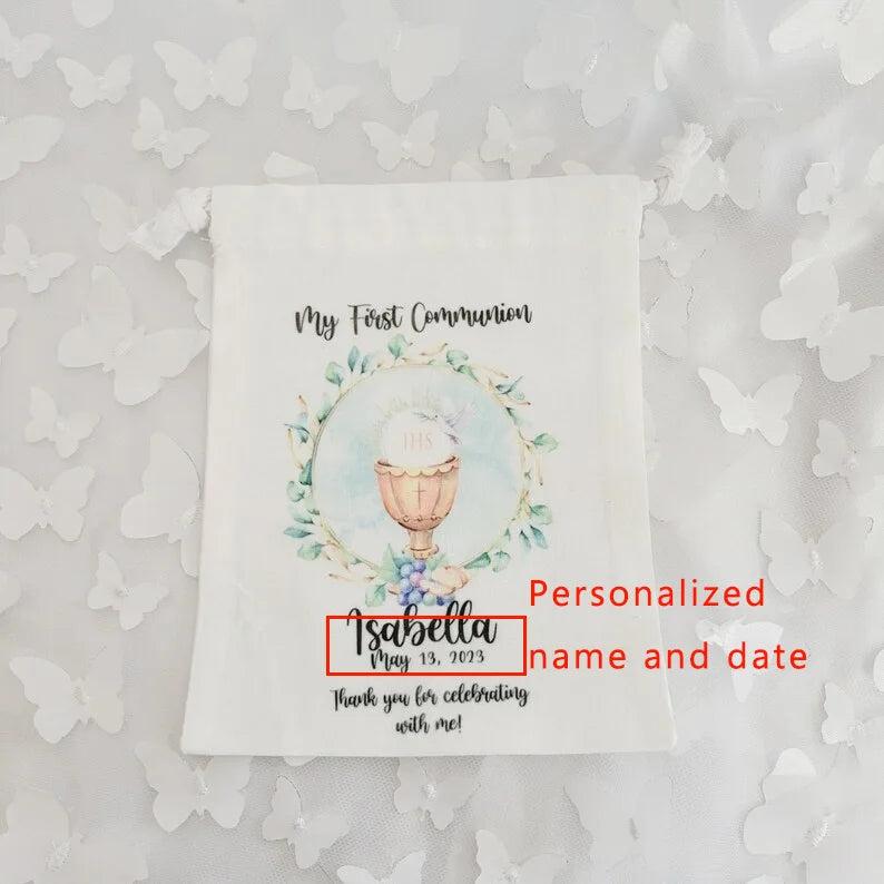 5pcs Personalized boy girl 1st First Holy Communion party bags Baptism Confirmation Religious decoration welcome thank you favor