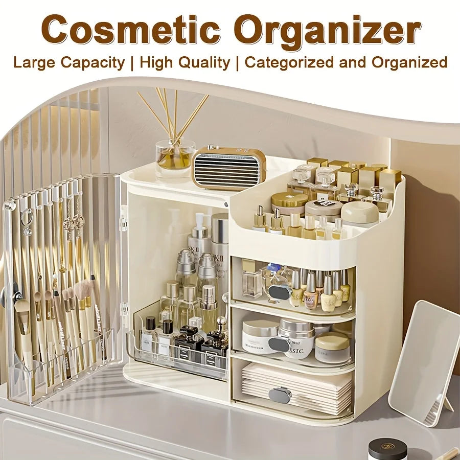 Boîte De Rangement De Maquillage Et Boîte De Rangement De Produits Beige Clair, Une Solution De Rangement Cosmétique De Grande Capacité.
