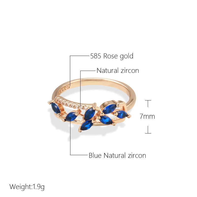 Kinel New Blue Natural Zircon Ring for Women Trendy 585 Rose Gold Leaf Ring Romantic Vintage Wedding Jewelry Fashion 2022