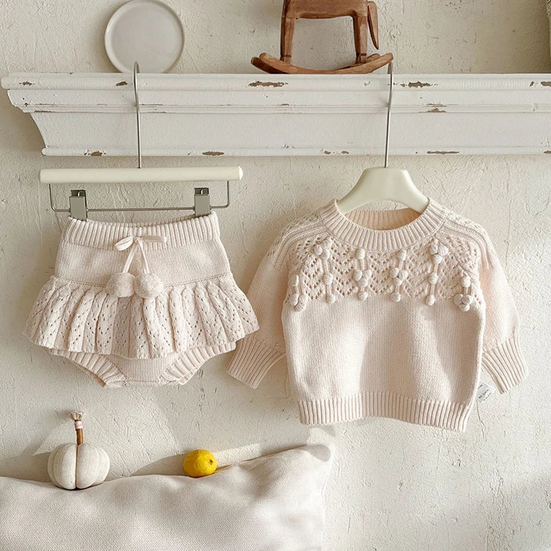 2025 New Autumn 0-3Yrs Children Clothes Suit Long Sleeved Knitted Pullover Sweater+PP Shorts Toddler Baby Girl Clothes Set