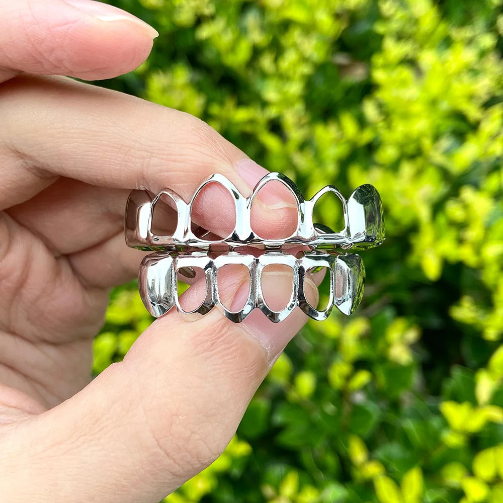 RACHELZ Hip Hop Gold Plated Teeth Grillz Fashion Top Bottom Hollow Tooth Cap Dental Grills For Men Women Jewelry Party Gift