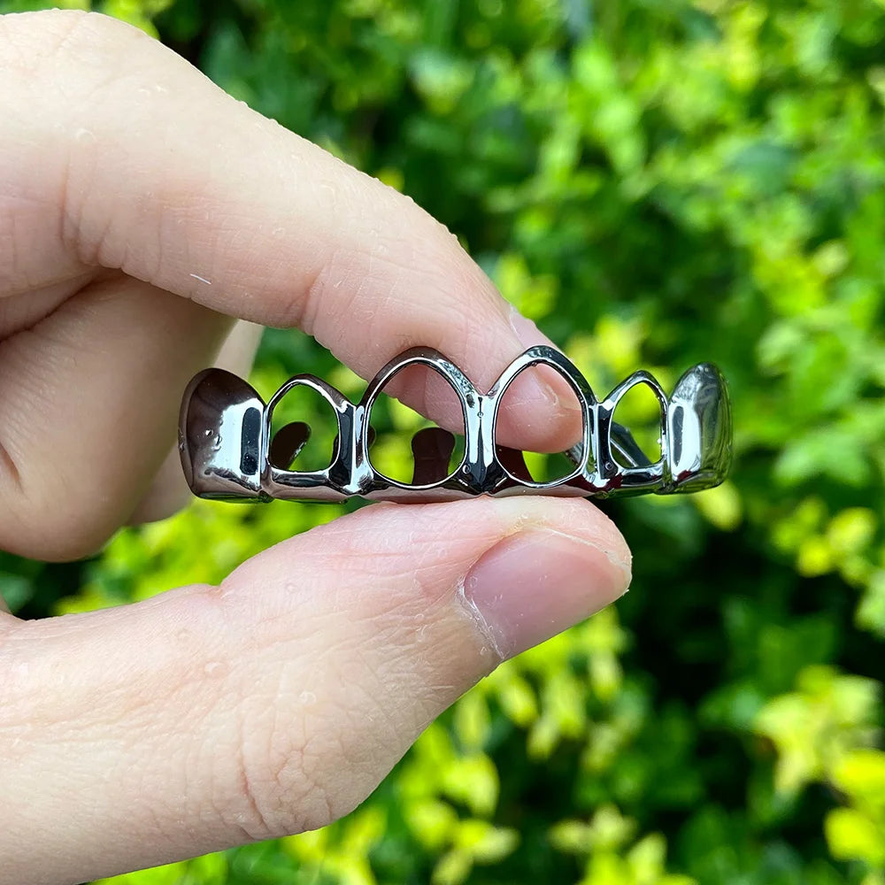 RACHELZ Hip Hop Gold Plated Teeth Grillz Fashion Top Bottom Hollow Tooth Cap Dental Grills For Men Women Jewelry Party Gift