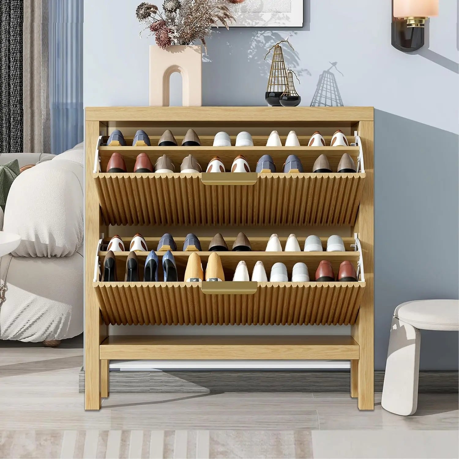 " Armoire à chaussures moderne à 2 niveaux – Conception autoportante à tiroirs rabattables, organisateur en bois de grande capacité pour l'entrée"