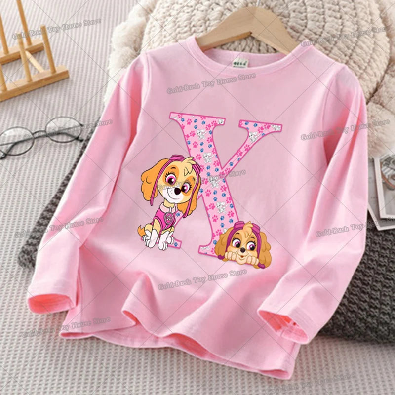 Paw Patrols Skye Letter A-Z T-shirt for Girl Long Sleeve Cotton Tops Cute Cartoon Print Children Tee Autumn Casual Kids Clothes