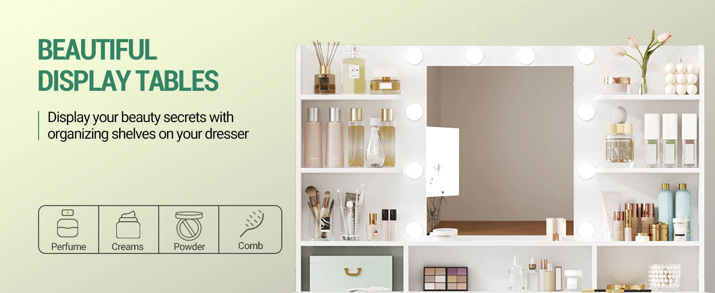 Hzuaneri Coiffeuse avec 10 boules lumineuses LED, luminosité réglable, grand miroir HD, 1 grand tiroir et 8 petits armoires à tiroirs