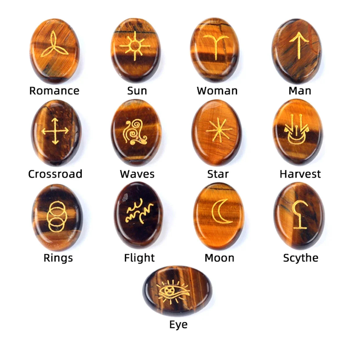 13pcs Witch Runes Natural Crystal Beads Onyx Semi-Precious Carved Ruini Lune Runes Set Decorative Reiki Jewelry Accessories Gift