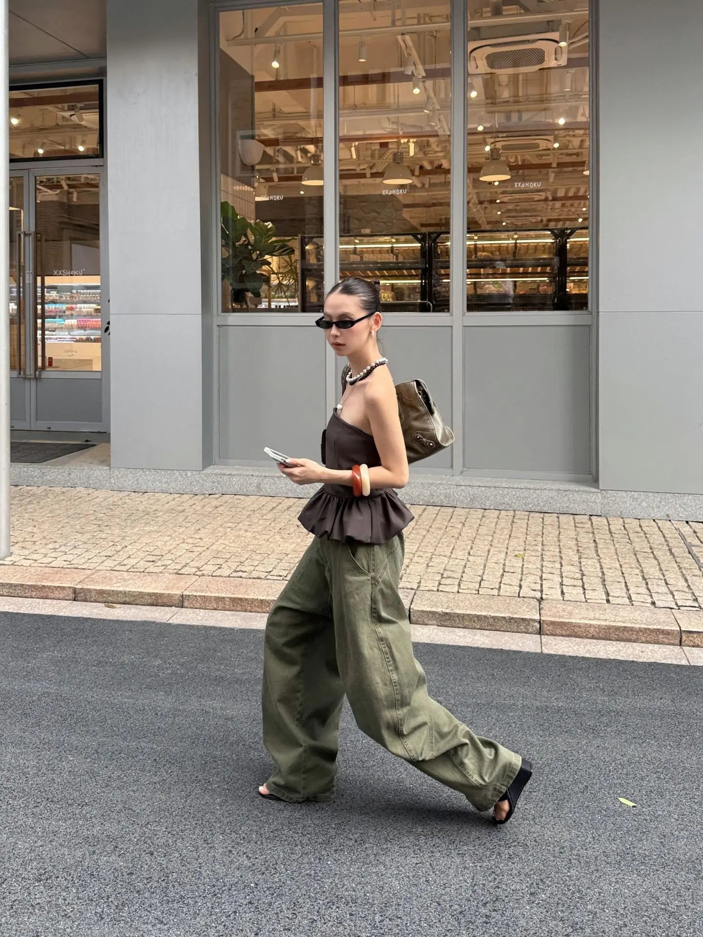 DEAT Fashion Splicing Silhouette Curved Jeans Women's High Waist Loose Wide Leg Denim Pants Autumn New 7A1005