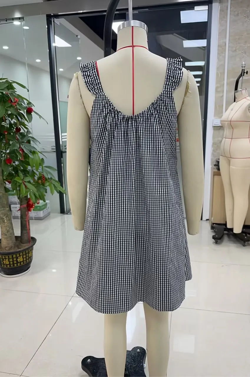 Gaono Women Summer Plaid Mini Dress Casual Y2k Gingham Spaghetti Strap Going Out Outfit Cute Flowy Swing Loose Fit Clubwear
