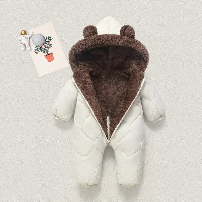 0-3Y Newborn Baby Bodysuit Children's Down Cotton Jacket Bear Ear Velvet Plush Jumpsuit Thick Rompers Baby Boys Girls Bodysuits