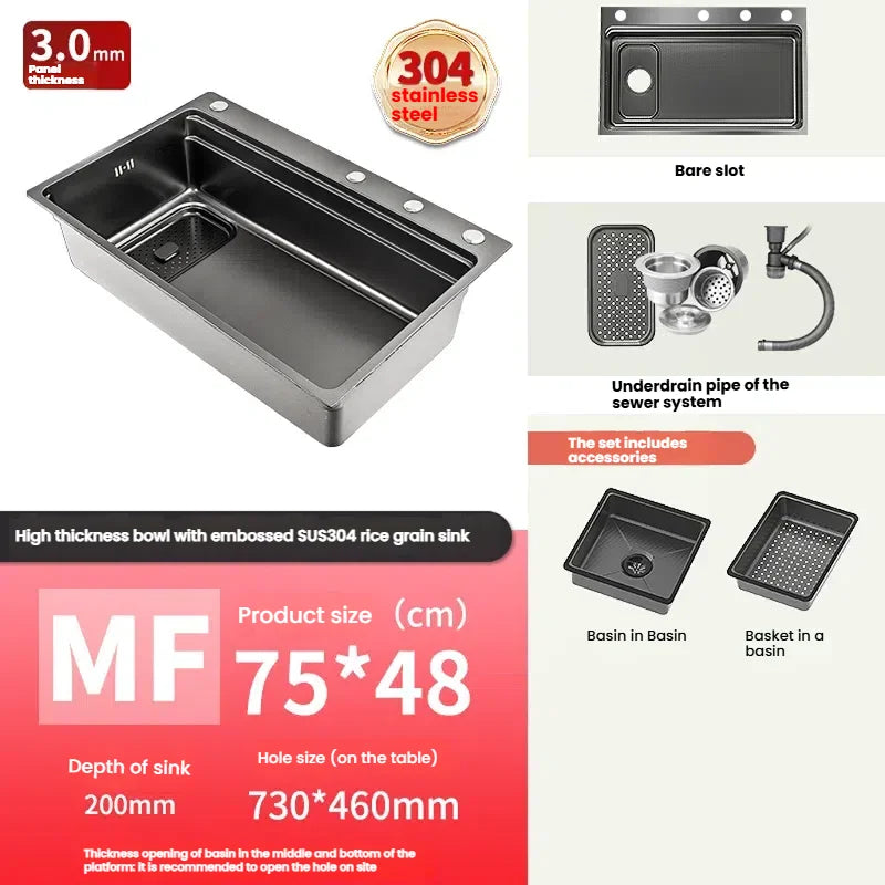 Stainless Steel Gray Kitchen Sink Multifunctional Stain and Scratch Resistant Large Single Slot Household Wash Cuisine Basin
