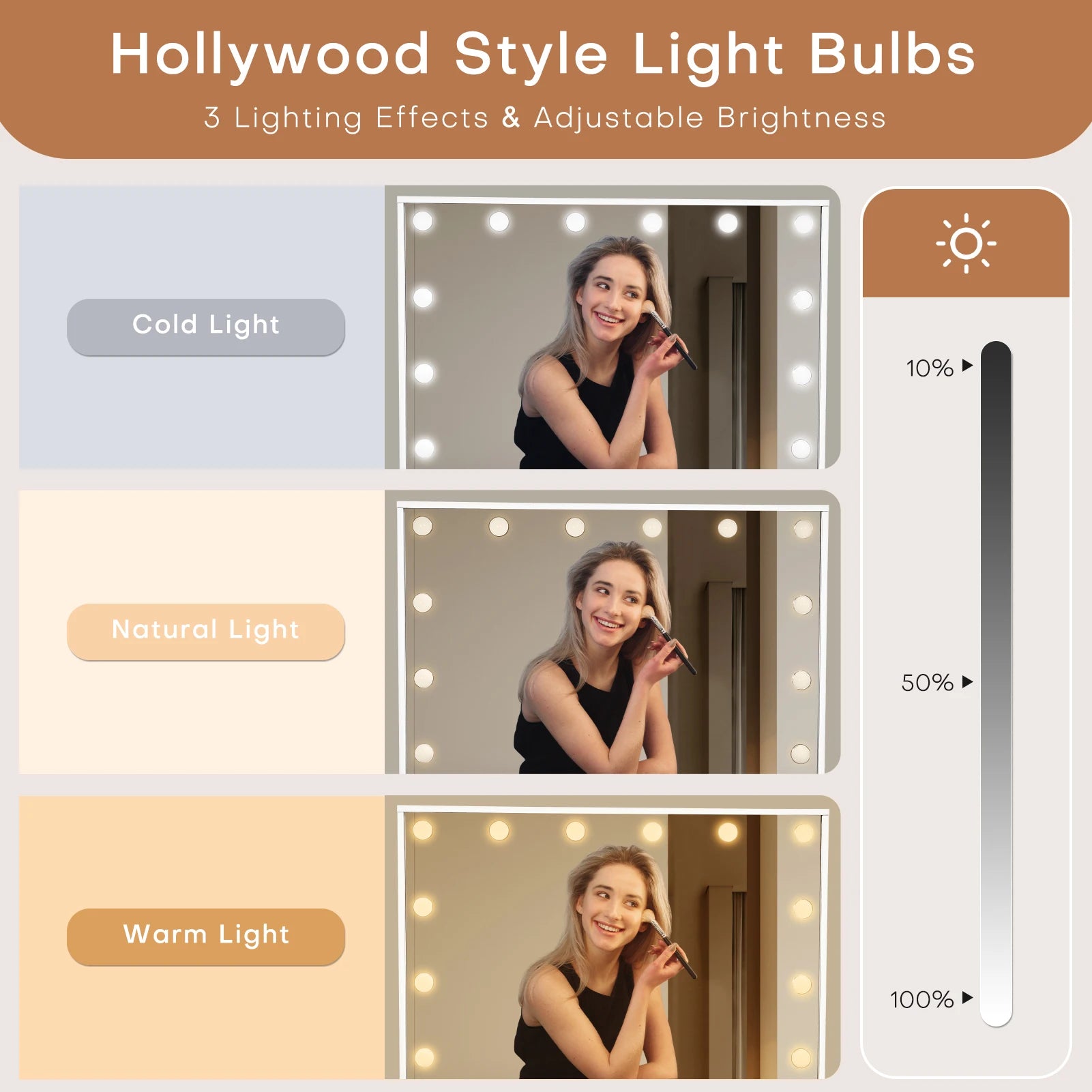 Bureau de maquillage de ferme avec miroir éclairé, bureau de maquillage Hollywood avec 3 tiroirs et 2 armoires, coiffeuse de 43 pouces, tabouret inclus