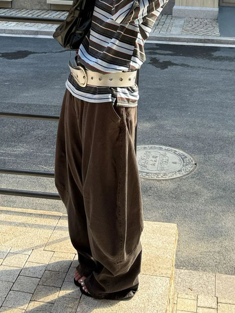 DEAT Fashion Splicing Silhouette Curved Jeans Women's High Waist Loose Wide Leg Denim Pants Autumn New 7A1005