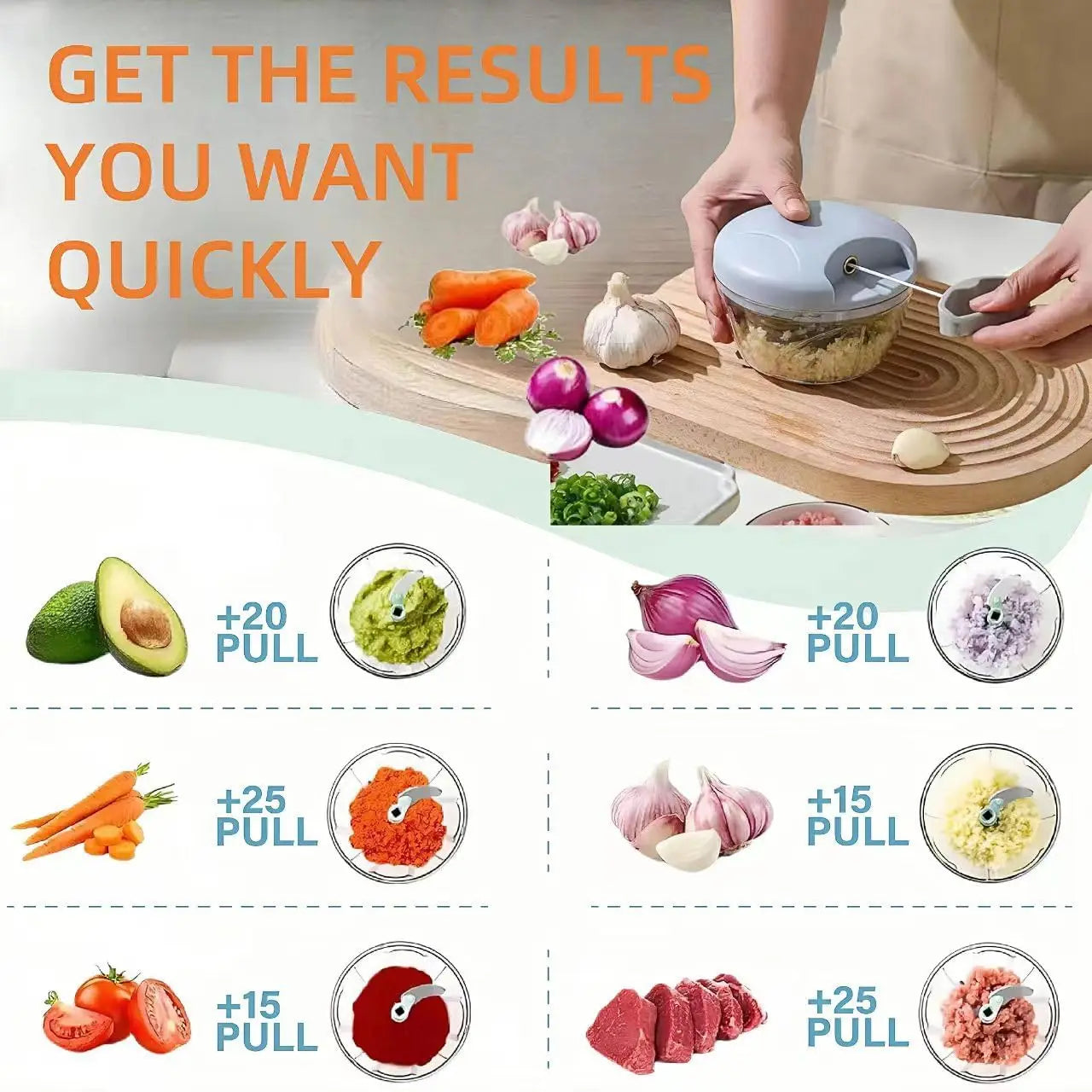 Manual Garlic Press and Vegetable Cutter - Multi-purpose Garlic Mincer, Nut Crusher, Hand Food Slicer, and Pull String Veggie Di