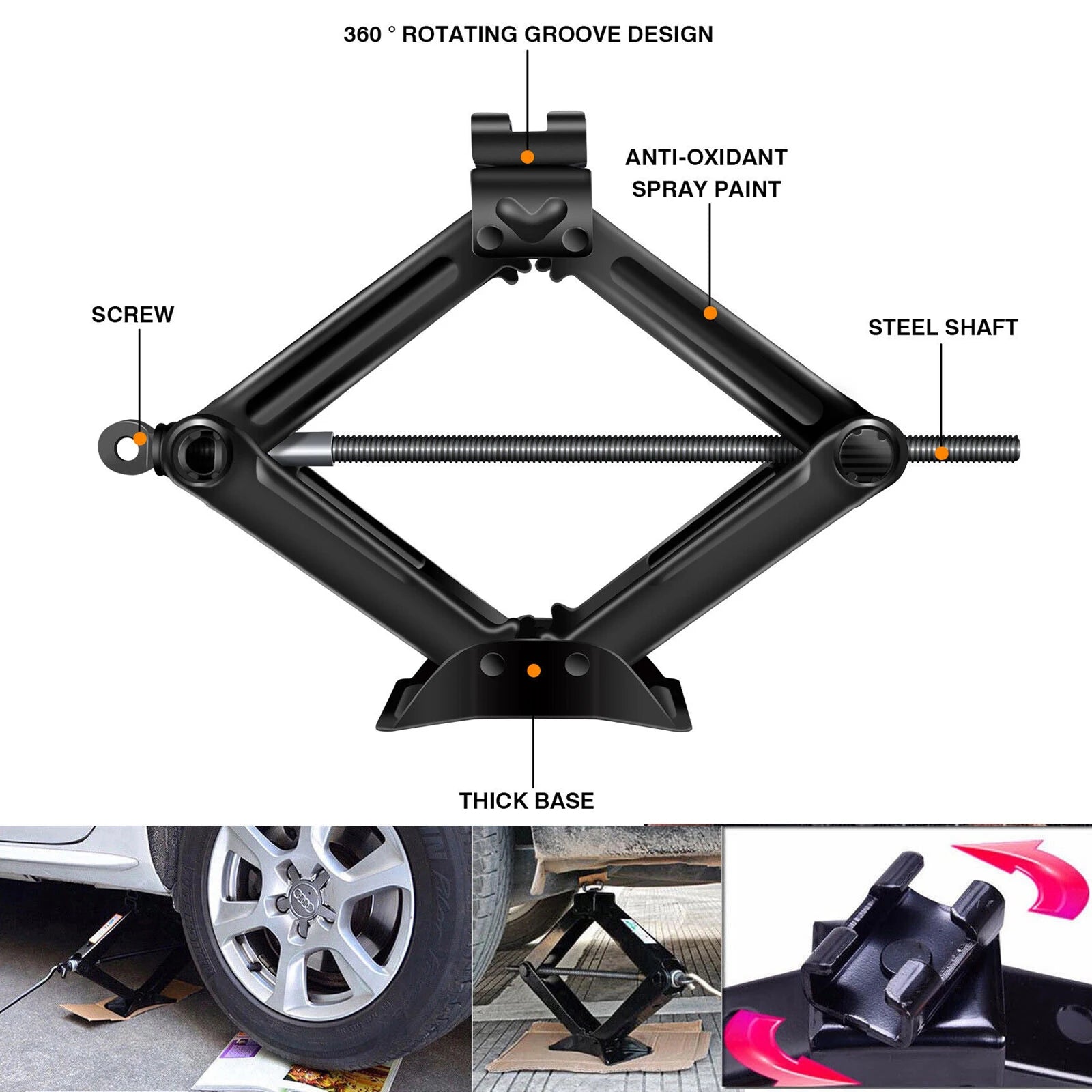 Car Scissor Jack 2T Auto Emergency Crank Lift Stand Labor-Saving Repair Tire Replacement Tool with Handle for Cars SUV Vehicles