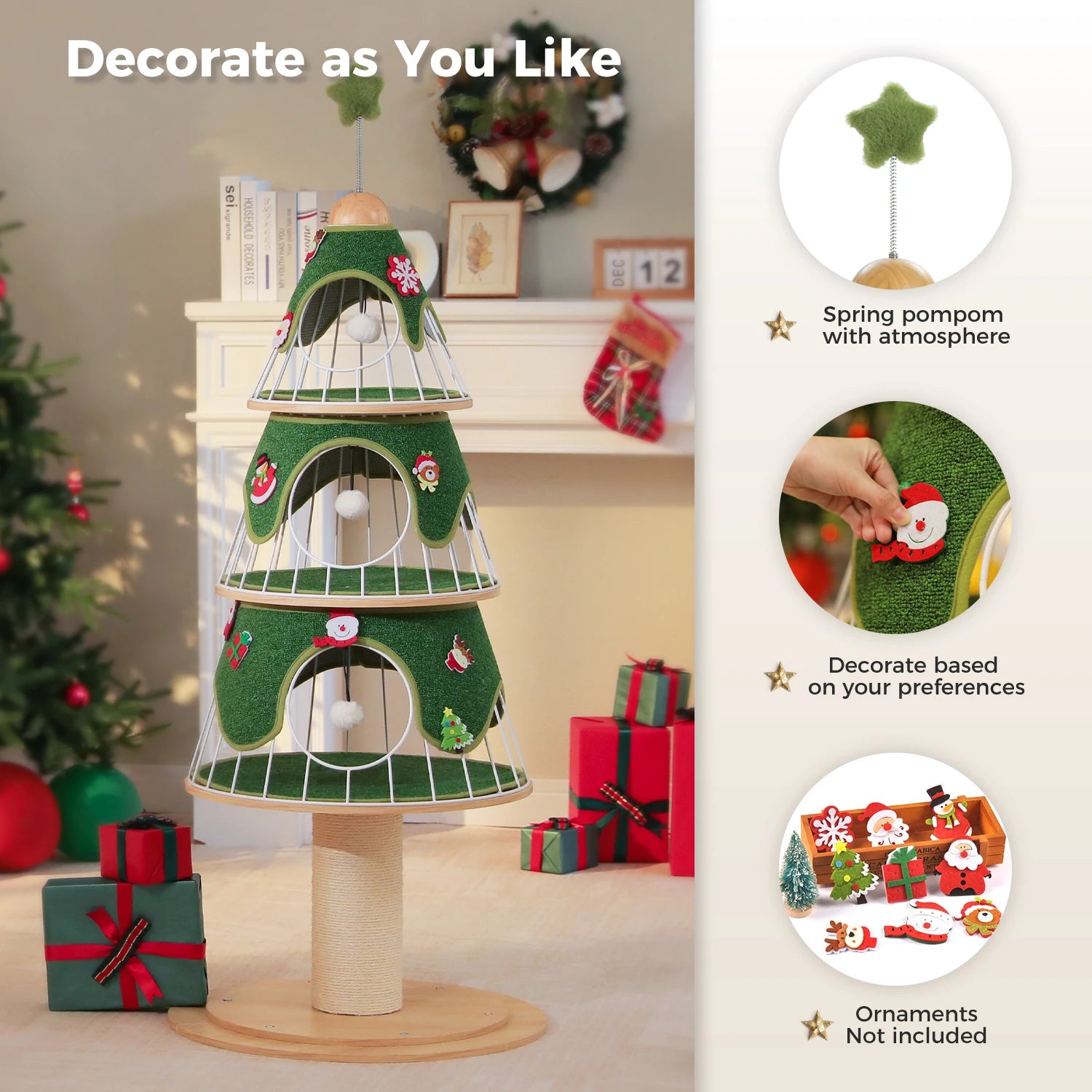 Christmas Cat Tree Tower with 3 Cozy Condos &amp; Pompoms Multi-Level Cat House Bed for Indoor Cats Modern Cat Furniture Cat Toys