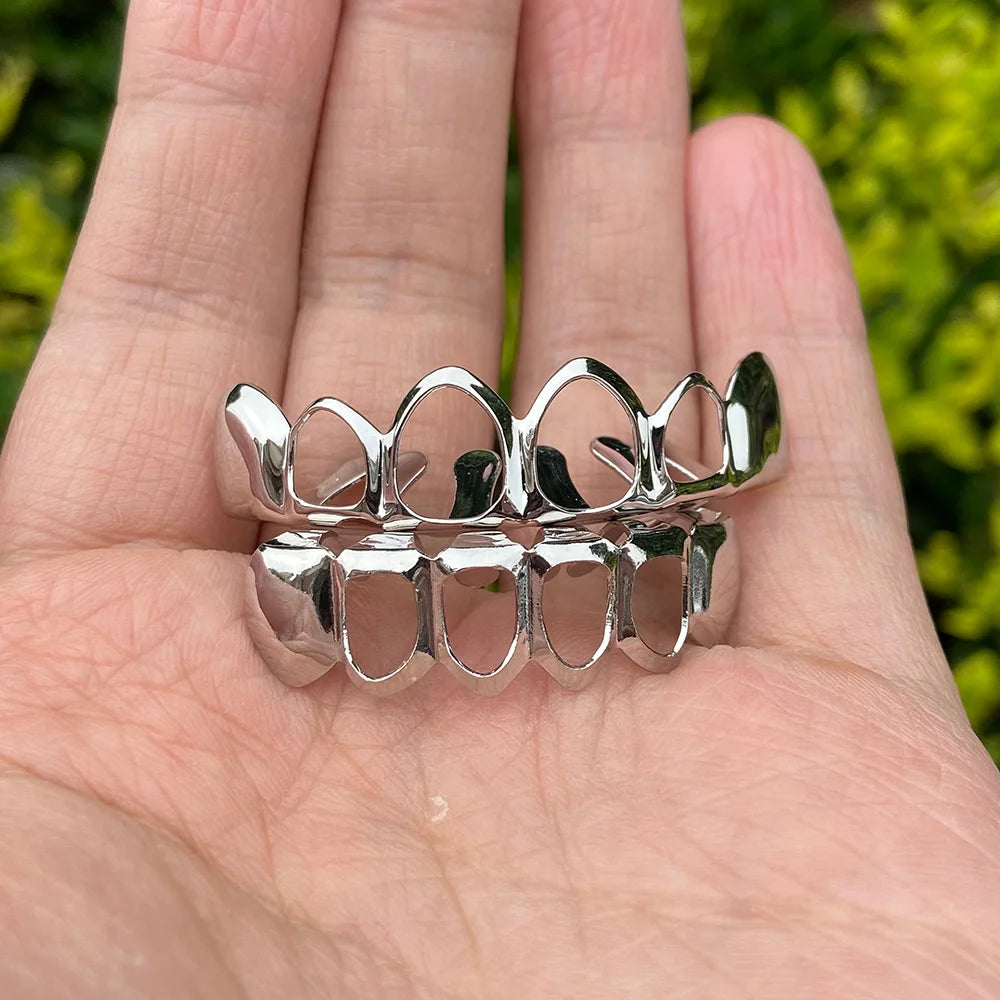 RACHELZ Hip Hop Gold Plated Teeth Grillz Fashion Top Bottom Hollow Tooth Cap Dental Grills For Men Women Jewelry Party Gift