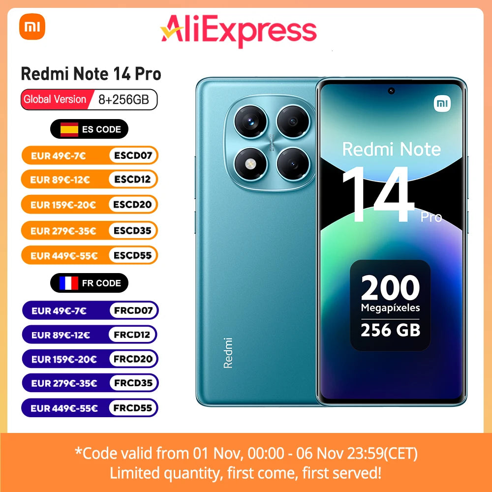 Xiaomi Redmi Note 14 Pro 4G European Version 8+256GB MediaTek Helio G100-Ultra 6.67" AMOLED Display 120Hz  200MP OIS Main Camera 45W Charging, 5500mAh Battery, IP64, NFC