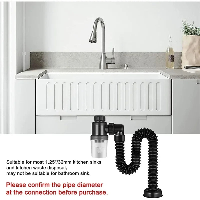 Flexible P-Trap for 30-32mm Drain Pipes Kitchen Sink Washbasin Drainage Pipe Insect-proof Odor-proof Blockage-proof Leak-proof