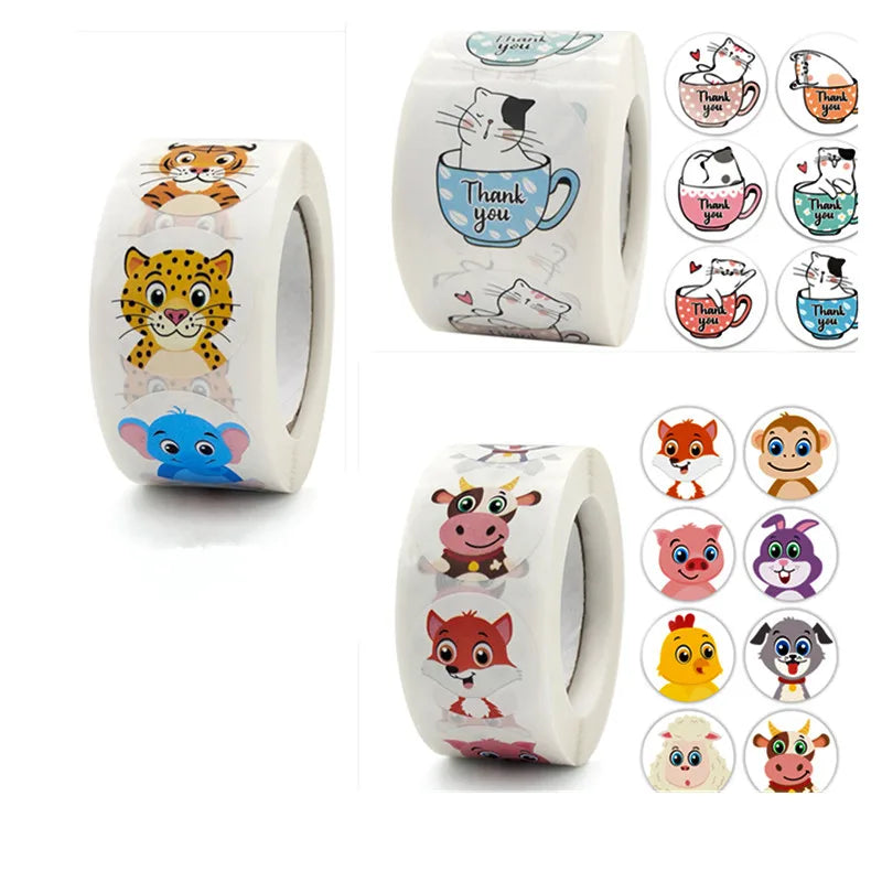 50-500 Cute Fish Thank You Stickers Kawaii Kids Sea Cartoon Sticker Roll for Christmas Gift Seal Student DIY Scrapbooking Craft