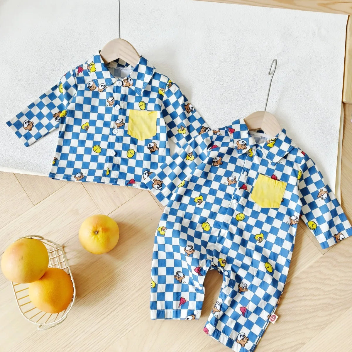 2024 Spring/Autumn New Infant Toddler Pure Cotton Grid Cartoon Printed Long Sleeve Single-Breasted Buttoned Romper