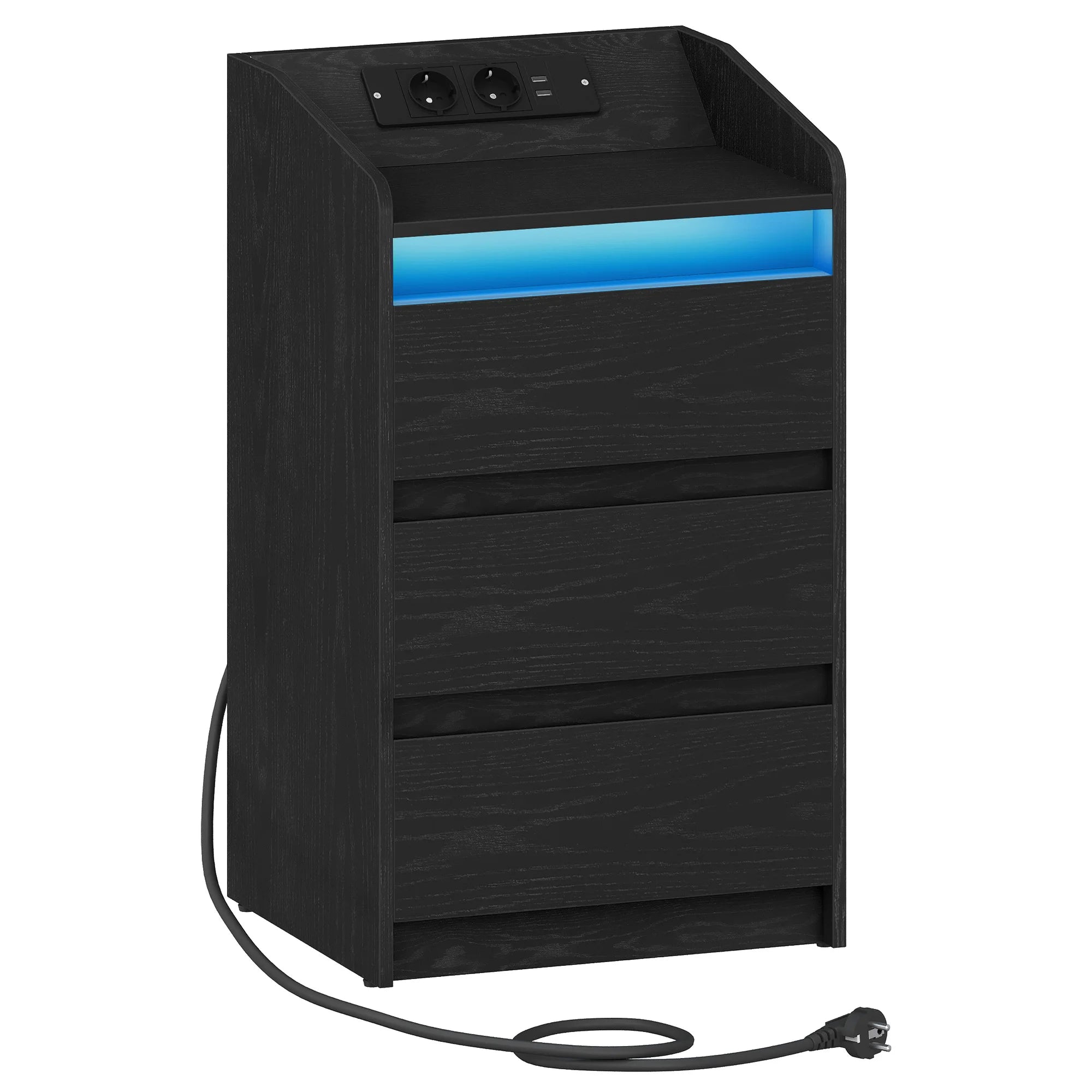 Hzuaneri Table de chevet avec 3 tiroirs, table d'appoint avec station de recharge et LED, 2 prises CA et 2 ports USB pour le salon