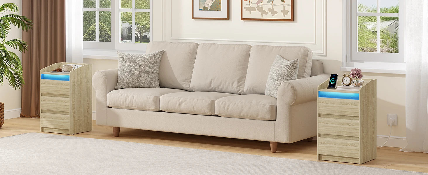 Hzuaneri Table de chevet avec 3 tiroirs, table d'appoint avec station de recharge et LED, 2 prises CA et 2 ports USB pour le salon