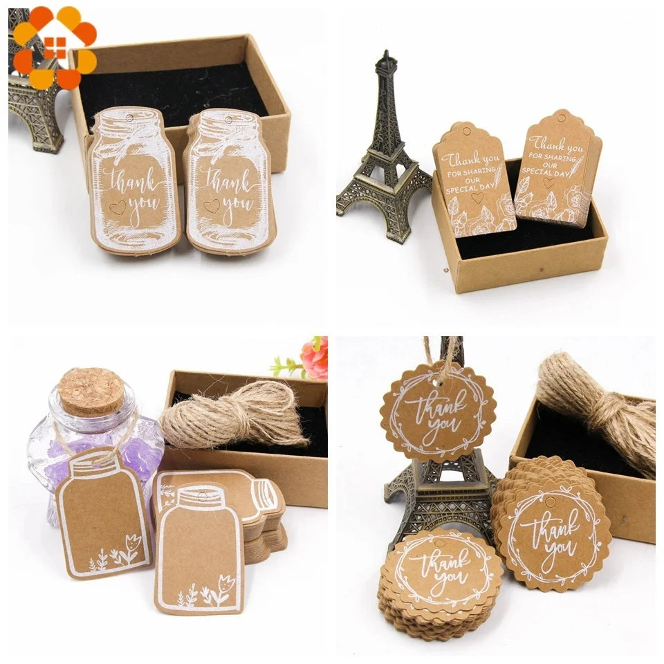 50PCS Christmas Kraft Paper Tags Handmade/Thank You DIY Crafts Hanging Tag With Rope for Christmas Gift Wrapping Supplies Favors