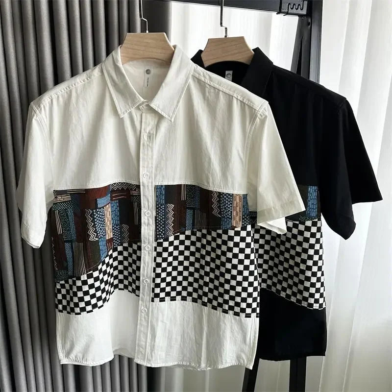 2025 New Japanese Retro Contrasting Colors Summer Plaid Spliced short-sleeved Shirt Men's Casual Clothes
