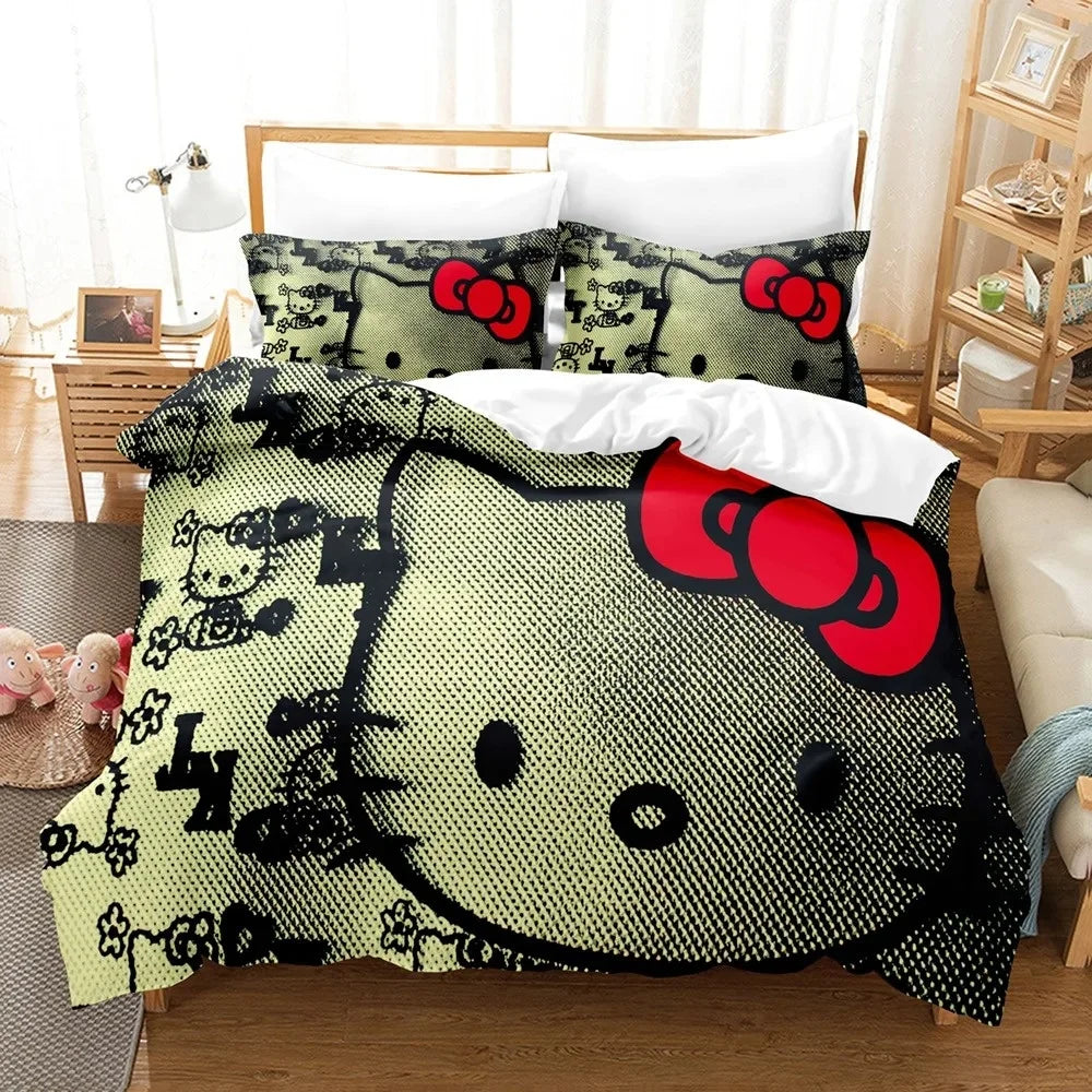 Sanrio Hello Kitty Cartoon Big Size Bedding Set Pink Cats Kawaii Duvet Cover For Girl Kids Single Decor Home Bedclothes Custom
