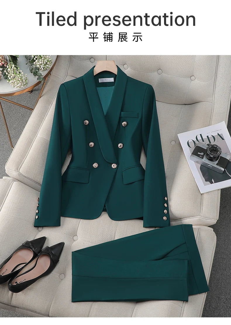 NAVIU Female Uniform Business Suits With Pants Elegant Office Blazer Set For Women Work Wear Pants Suit Claret Red Green Black